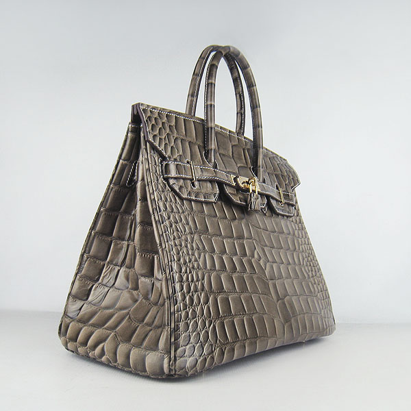 High Quality Fake Hermes Birkin 35CM Crocodile Veins Leather Bag Khaki 6089